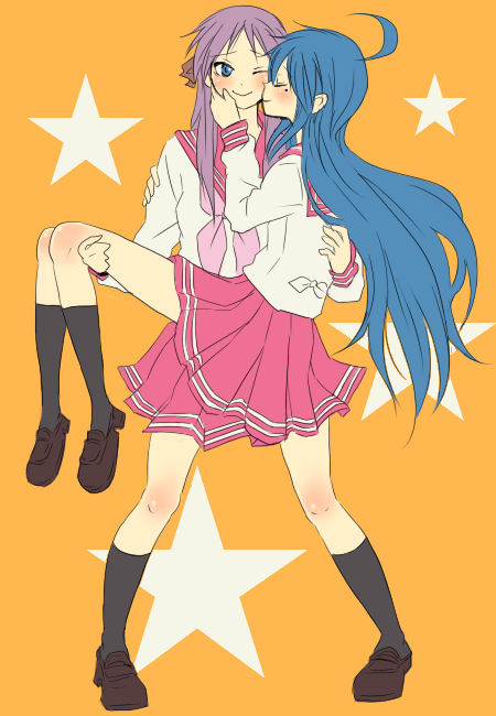kochoko, hiiragi kagami, izumi konata, lucky star, bad id, bad pixiv id, 00s, 2girls, blue eyes, blue hair, carrying, closed eyes, kiss, long hair, mole, mole under eye, multiple girls, one eye closed, orange background, princess carry, purple hair, school uniform, serafuku, star (symbol), very long hair, yuri