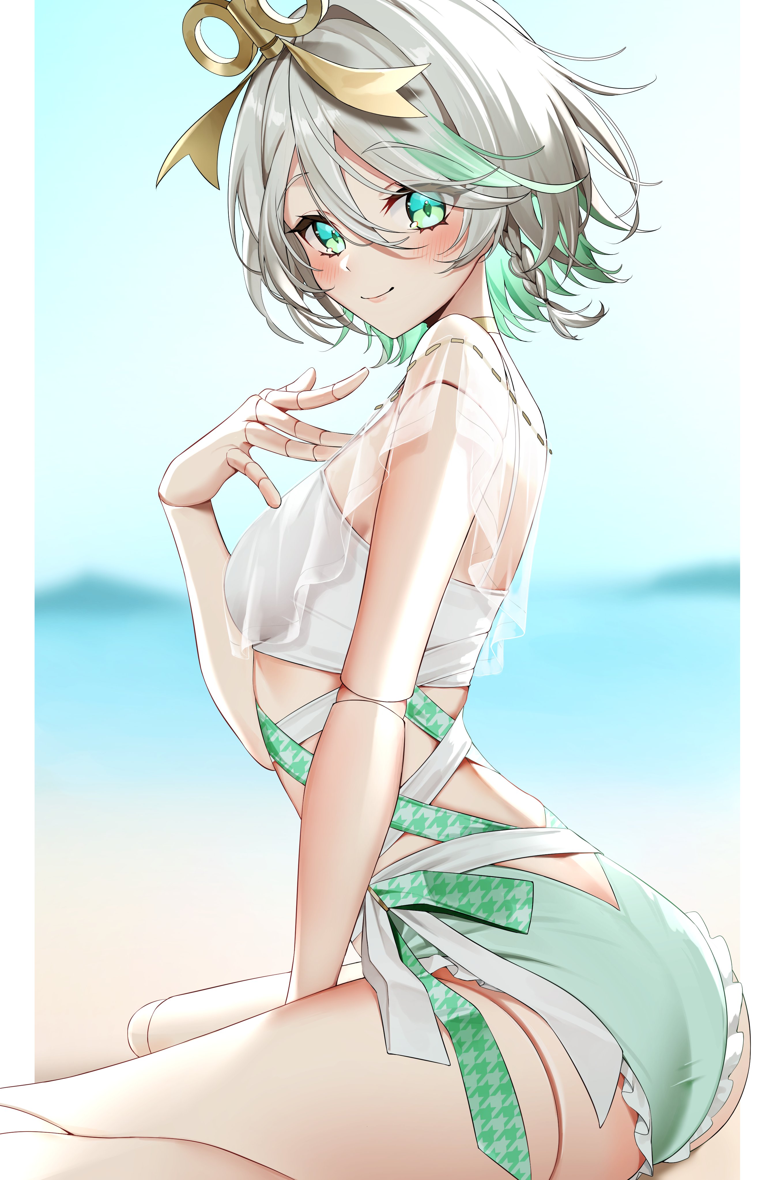 gawawawa, cecilia immergreen, cecilia immergreen (holonatsu paradise), hololive, hololive english, holonatsu paradise, absurdres, hashtag-only commentary, highres, 1girl, ass, blurry, blurry background, blush, braid, breasts, casual one-piece swimsuit, closed mouth, clothing cutout, colored inner hair, cropped shirt, doll joints, frilled one-piece swimsuit, frills, green eyes, green hair, green one-piece swimsuit, grey hair, hair between eyes, hair ornament, hand between thighs, hand on own chest, joints, lips, looking at viewer, multicolored hair, official alternate costume, one-piece swimsuit, pillarboxed, see-through clothes, see-through shirt, shirt, short hair, side-tie one-piece swimsuit, single braid, sitting, small breasts, smile, solo, streaked hair, swimsuit, virtual youtuber, wariza, winding key
