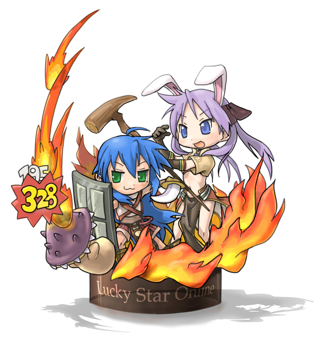 wao (artist), hiiragi kagami, izumi konata, mage (ragnarok online), novice (ragnarok online), lucky star, ragnarok online, bad id, bad pixiv id, 00s, 2girls, animal ears, crossover, mole, mole under eye, multiple girls, pelvic curtain, rabbit ears