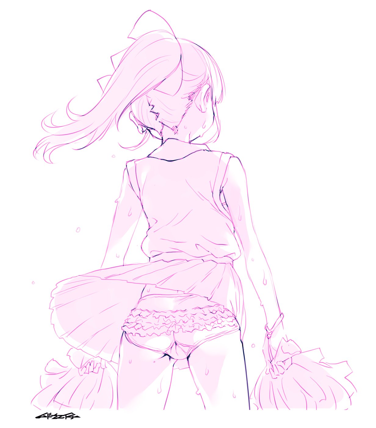 mudou eichi, original, highres, 1girl, bow, from behind, hair bow, holding, holding pom poms, long hair, panties, pantyshot, pom pom (cheerleading), pom poms, ponytail, school uniform, serafuku, shirt, skirt, sleeveless, sleeveless shirt, solo, sweat, sweatdrop, underwear, white background