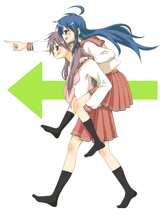 kochoko, hiiragi kagami, izumi konata, lucky star, bad id, bad pixiv id, 00s, 2girls, carrying, mole, mole under eye, multiple girls, piggyback, school uniform, serafuku