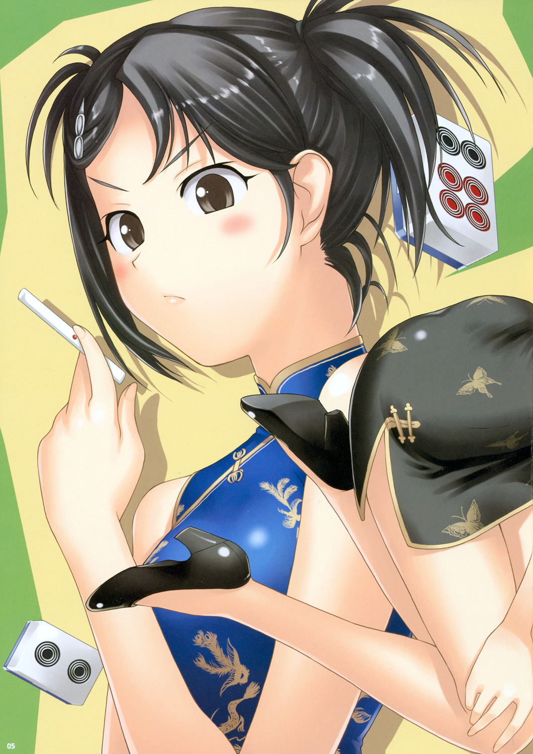 tanaka shoutarou, kuryuu megumi, kimi kiss, highres, 1girl, ass, bare shoulders, black eyes, black hair, blush, board game, china dress, chinese clothes, dress, female focus, holding tenbou, mahjong, serious, shoes, solo, tenbou