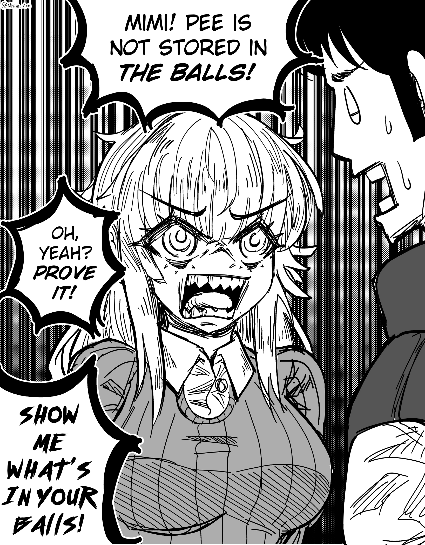 nhim, mimi (nhim), roy (nhim), original, commentary, english commentary, highres, 1boy, 1girl, angry, bags under eyes, breasts, english text, looking at another, meme, monochrome, pee is stored in the balls (meme), ribbed sweater, sharp teeth, shouting, speech bubble, sweatdrop, sweater, teeth, tongue, twitter username