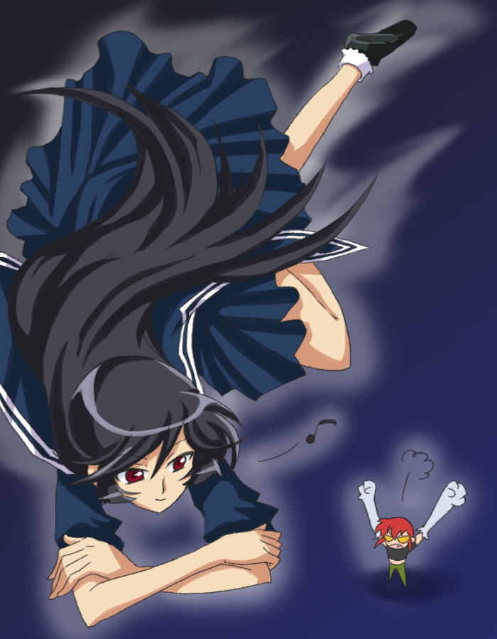 onyx (artist), kamura reiri, riza wildman, kaibutsu oujo, 00s, 2girls, black hair, blue dress, bobby socks, crossed arms, dress, full body, long hair, lying, mini person, minigirl, multiple girls, on stomach, pleated dress, red hair, sailor collar, sailor dress, short hair, socks, vampire, very long hair
