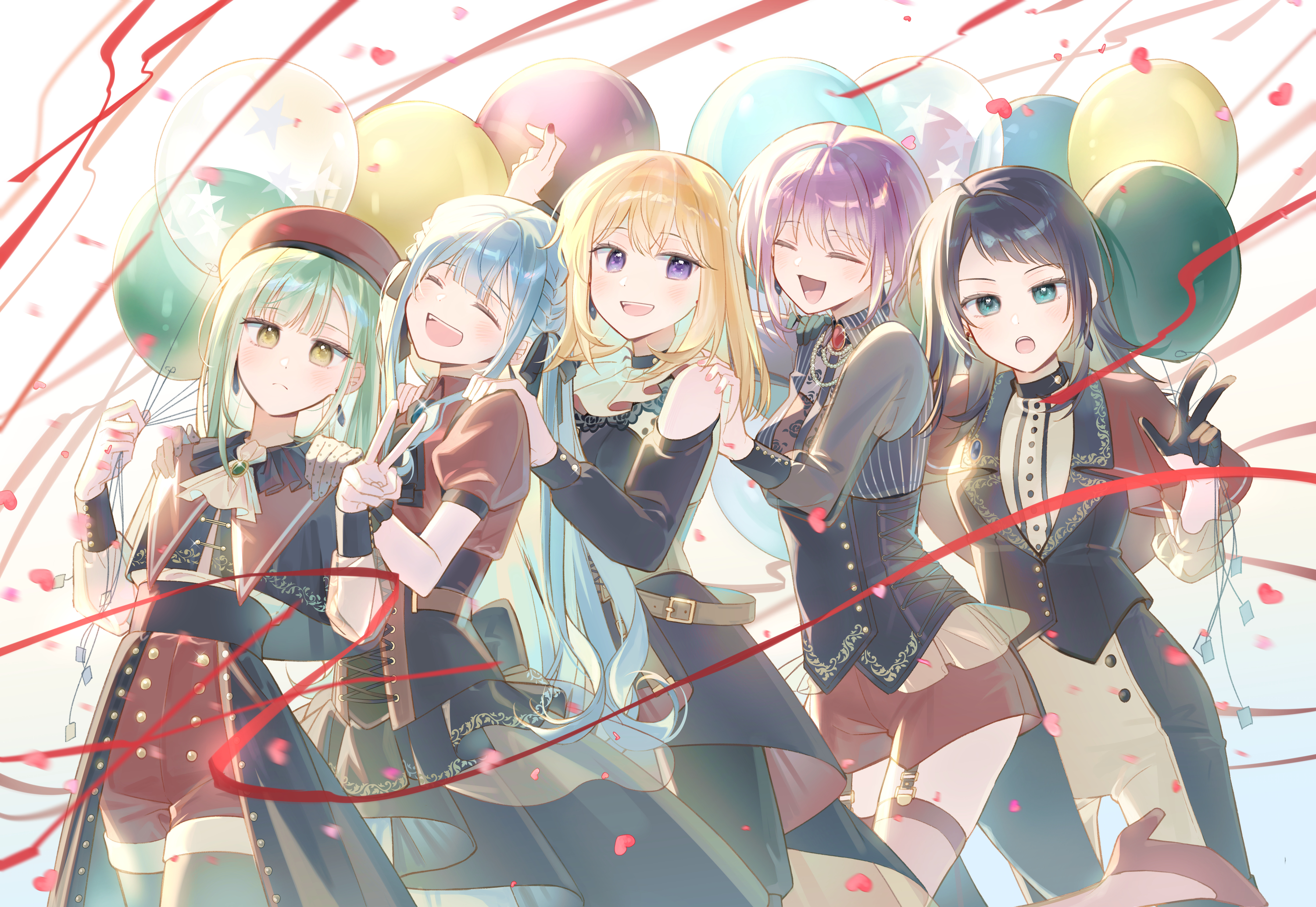 yojeong dimseom, amoris (bang dream!), doloris (bang dream!), misumi uika, mortis (bang dream!), mortis (costume) (bang dream!), oblivionis (bang dream!), timoris (bang dream!), togawa sakiko, wakaba mutsumi, yahata umiri, yuutenji nyamu, ave mujica (bang dream!), bang dream!, bang dream! it's mygo!!!!!, commentary request, highres, official art, 5girls, ascot, balloon, beret, black ascot, black capelet, black corset, black dress, black gloves, black pantyhose, black shirt, black skirt, blonde hair, blue hair, braid, capelet, closed eyes, closed mouth, clothing cutout, confetti, corset, dress, earrings, garter straps, gloves, green eyes, green hair, hands on another's shoulder, hat, high heels, holding, holding balloon, jewelry, long hair, long sleeves, looking at viewer, medium hair, multiple girls, nail polish, open mouth, pants, pantyhose, pantyhose under shorts, purple eyes, red brooch, red capelet, red hat, red nails, red shirt, red shoes, red shorts, red thighhighs, shirt, shoes, short sleeves, shorts, shoulder cutout, showgirl skirt, sidelocks, skirt, teeth, thighhighs, upper teeth only, v, w, white ascot, white pants, white shirt, yellow eyes