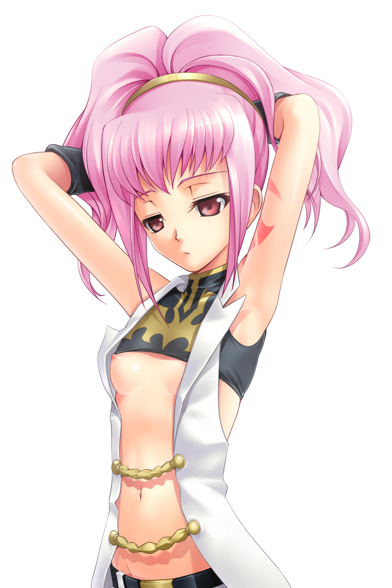 40010prototype, anya alstreim, code geass, highres, 00s, 1girl, armpits, arms behind head, arms up, crop top, expressionless, female focus, flat chest, groin, hairband, navel, nipple slip, nipples, pink eyes, pink hair, simple background, solo, turtleneck, white background