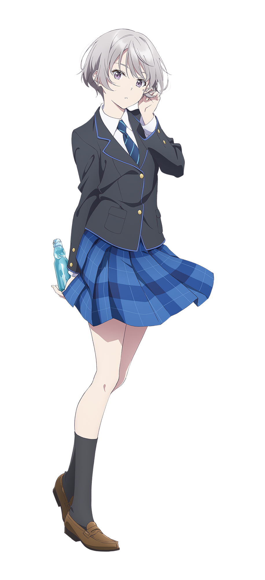 kinoshita sumie, chitose-kun wa ramune bin no naka, highres, official art, 1girl, anime coloring, arm behind back, black socks, blazer, blue necktie, blue skirt, blush, bob cut, bottle, breasts, brown shoes, collared shirt, diagonal-striped clothes, diagonal-striped necktie, full body, grey hair, grey jacket, hand in own hair, hand up, holding, holding bottle, jacket, loafers, long sleeves, looking at viewer, necktie, open mouth, parted lips, plaid clothes, plaid skirt, pleated skirt, purple eyes, ramune, school uniform, shirt, shoes, short hair, simple background, skirt, small breasts, socks, solo, standing, striped clothes, striped necktie, tachi-e, transparent background, white shirt