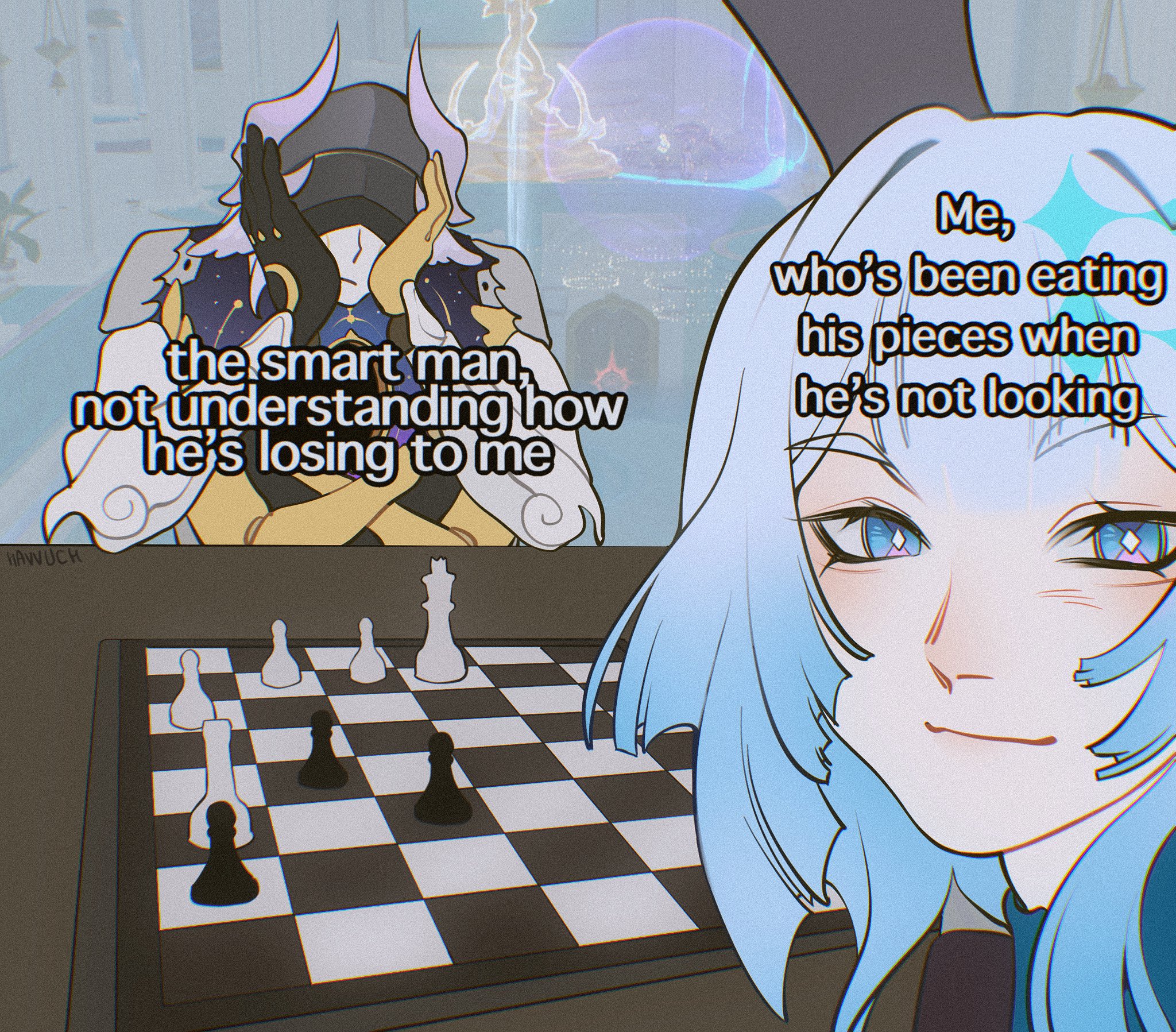 cerydra (honkai: star rail), lygus (honkai: star rail), honkai: star rail, honkai (series), commentary, english commentary, highres, 1boy, 1girl, armor, artist name, blue eyes, blue hair, blunt bangs, board game, chess, chess piece, chessboard, closed mouth, crown, diamond-shaped pupils, diamond (shape), eating the chess pieces (meme), english text, hands on own face, hands up, havvuch, hologram, horns, long hair, looking at viewer, mechanical arms, meme, mini crown, purple hair, robot, short hair, sidelocks, smile, symbol-shaped pupils, table, white armor
