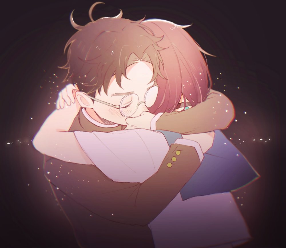 comimingming, ayase momo, takakura ken (dandadan), dandadan, 1boy, 1girl, arm around back, arms around neck, black bow, black choker, black hair, black jacket, blue sailor collar, blush, bow, brown hair, choker, closed eyes, gakuran, glasses, heads together, hug, jacket, light particles, long sleeves, round eyewear, sailor collar, school uniform, shirt, short hair, short sleeves, upper body, white shirt