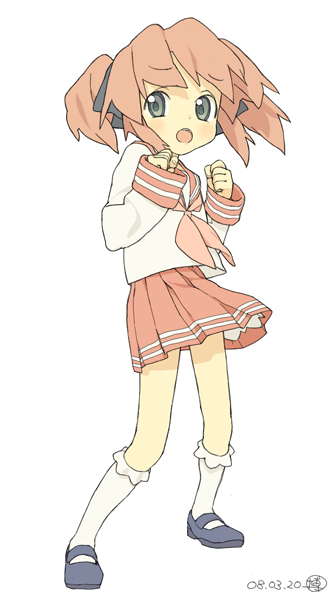 hakuto (artist), hiro (dismaless), kobayakawa yutaka, lucky star, 00s, 1girl, black shoes, female focus, kneehighs, neckerchief, pink neckerchief, school uniform, serafuku, shoes, simple background, socks, solo, white background