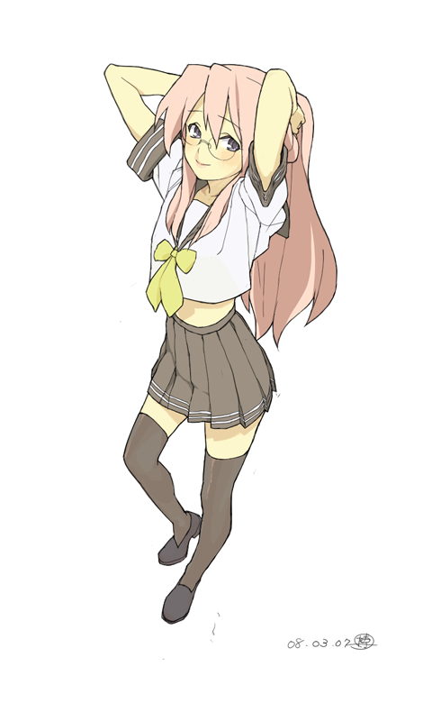 hakuto (artist), hiro (dismaless), takara miyuki, lucky star, 00s, 1girl, black thighhighs, dated, female focus, glasses, long hair, round eyewear, school uniform, serafuku, simple background, solo, thighhighs, white background, zettai ryouiki