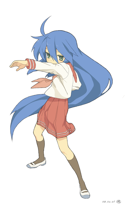 hakuto (artist), hiro (dismaless), izumi konata, lucky star, 00s, 1girl, dated, female focus, hair between eyes, kneehighs, long hair, mole, mole under eye, neckerchief, pink neckerchief, school uniform, serafuku, simple background, socks, solo, very long hair, white background