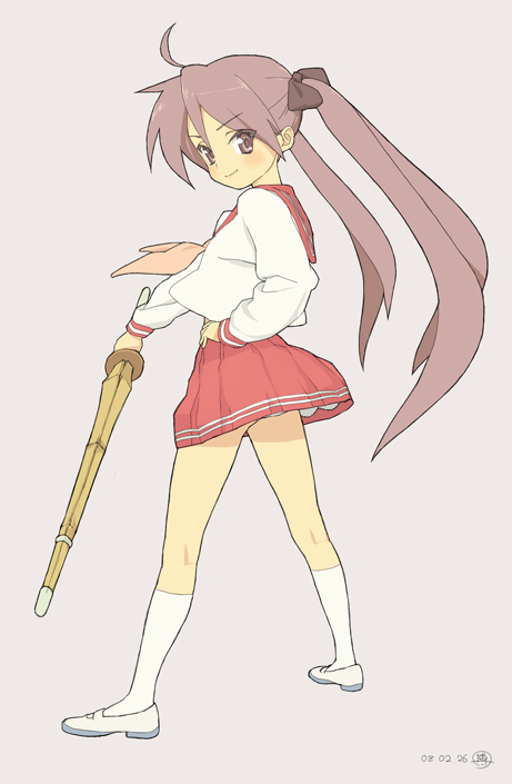 hakuto (artist), hiro (dismaless), hiiragi kagami, lucky star, 00s, 1girl, ahoge, dated, female focus, grey background, hand on own hip, kneehighs, neckerchief, pink neckerchief, school uniform, serafuku, shinai, simple background, socks, solo, sword, twintails, weapon