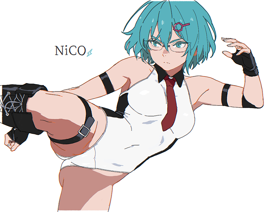d.k, nico (doa), dead or alive, dead or alive 6, commentary, symbol-only commentary, 1girl, aqua eyes, aqua hair, black boots, boots, character name, frown, glasses, heattech leotard, lace-up boots, leg up, leotard, necktie, official alternate costume, red necktie, short necktie, simple background, solo, thigh strap, turtleneck, v-shaped eyebrows, white background, white leotard