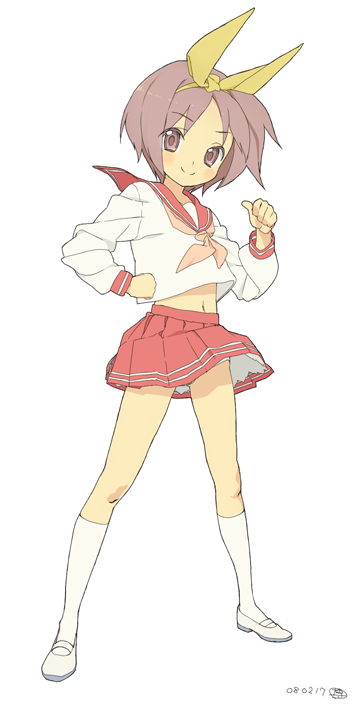 hakuto (artist), hiro (dismaless), hiiragi tsukasa, lucky star, 00s, 1girl, dated, female focus, hair ribbon, kneehighs, midriff, neckerchief, panties, panty peek, pantyshot, pink neckerchief, ribbon, school uniform, serafuku, simple background, socks, solo, underwear, upskirt, white background