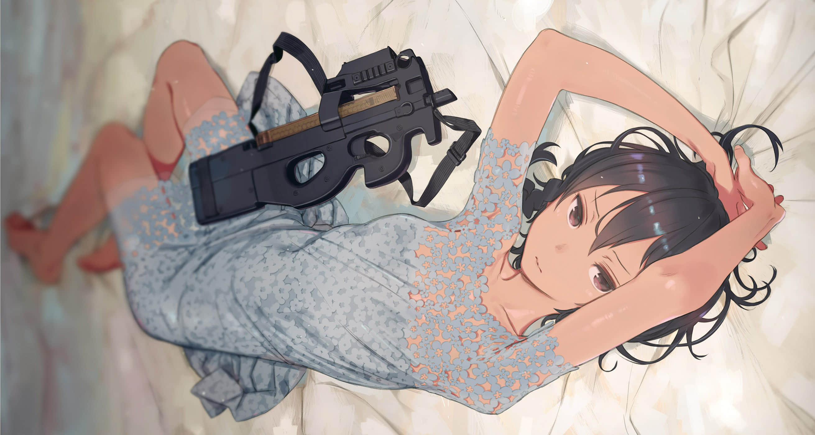 kuroboshi kouhaku, kohiruimaki karen, sword art online, sword art online alternative: gun gale online, highres, official art, 1girl, arms up, bed sheet, black hair, blurry, braid, bullpup, depth of field, gun, hair between eyes, looking at viewer, lying, nightgown, on back, p90, short hair, short hair with long locks, short sleeves, single braid, solo, submachine gun, weapon