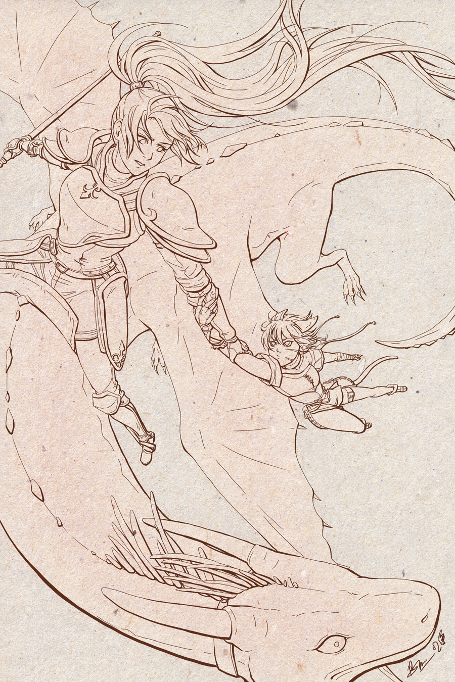 meibatsu, jill (fire emblem), lethe (fire emblem), fire emblem, fire emblem: radiant dawn, nintendo, commentary, english commentary, highres, painttool sai (medium), 2girls, animal ears, armor, cat ears, cat girl, holding, holding polearm, holding weapon, lineart, long hair, monochrome, multiple girls, polearm, ponytail, riding dragon, short hair, signature, tail, weapon
