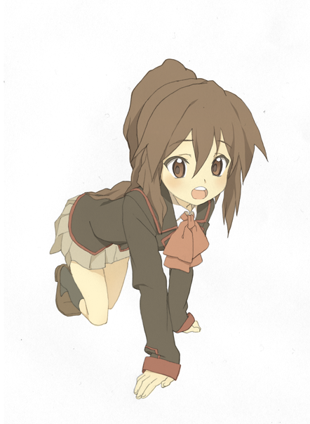 hakuto (artist), hiro (dismaless), natsume rin, little busters!, 1girl, ascot, black socks, blouse, brown shoes, collared shirt, female focus, full body, hair between eyes, kneehighs, kneeling, red ascot, school uniform, serafuku, shirt, shoes, simple background, socks, solo, white background, white shirt