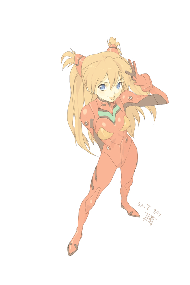 hakuto (artist), hiro (dismaless), souryuu asuka langley, neon genesis evangelion, 1girl, 2007, :p, arm behind back, blue eyes, blush, bodysuit, bracer, breasts, dated, female focus, flat color, foreshortening, from above, full body, gloves, hair between eyes, hair ornament, hand up, legs apart, long hair, looking at viewer, mecha pilot suit, orange hair, plugsuit (evangelion), signature, simple background, small breasts, solo, standing, tongue, tongue out, turtleneck, two side up, waving, white background