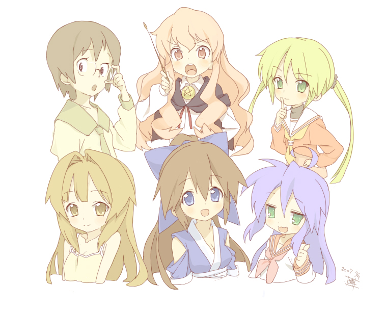 hakuto (artist), hiro (dismaless), izumi konata, louise francoise le blanc de la valliere, okonogi yuuko, sanzen'in nagi, seto sun, suzu (nagasarete airantou), dennou coil, hayate no gotoku!, lucky star, nagasarete airantou, seto no hanayome, zero no tsukaima, 00s, 6+girls, :3, :o, adjusting eyewear, ahoge, blonde hair, blue eyes, blue hair, blush, breasts, brown hair, cape, cleavage, crossover, finger to mouth, flat chest, glasses, green eyes, grey eyes, grey hair, hair intakes, hair ribbon, hand on own hip, hip focus, japanese clothes, long hair, medium breasts, multiple girls, necktie, open mouth, pink eyes, pink hair, ponytail, ribbon, school uniform, serafuku, short hair, small breasts, smile, thumbs up, turtleneck, twintails, very long hair, wand, yellow eyes