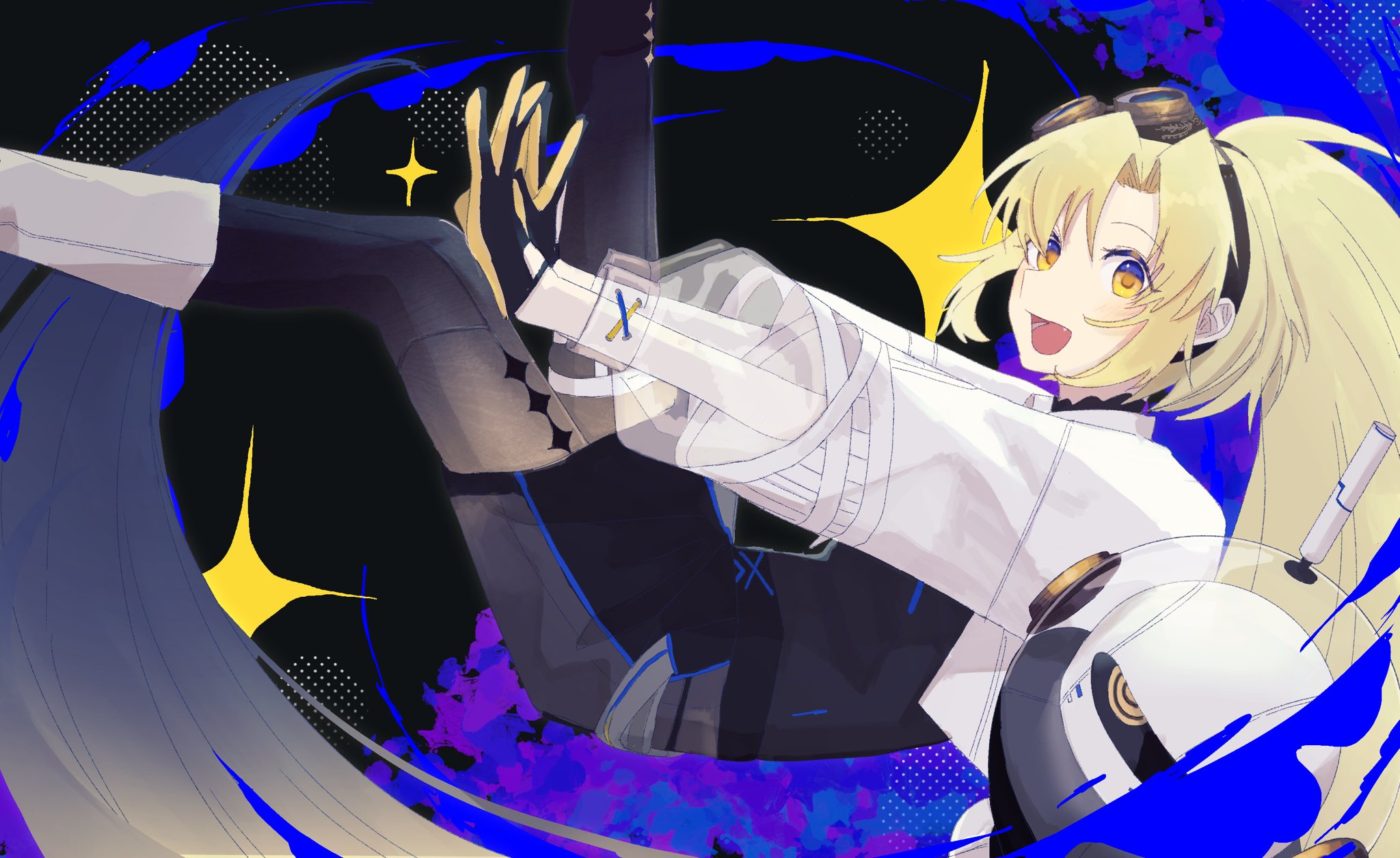 arcaea, highres, 1girl, black gloves, black shirt, black skirt, black thighhighs, blonde hair, boots, breasts, curtained hair, fangs, gloves, goggles, green hair, high ponytail, jacket, knee boots, leather, leather skirt, long hair, looking at viewer, medium breasts, medium hair, nonoka (arcaea), open mouth, ponytail, see-through clothes, shirt, skirt, solo, sukeroku 93, thigh strap, thighhighs, two-tone gloves, very long hair, white boots, white jacket, white sleeves, yellow eyes, yellow gloves, yellow thighhighs
