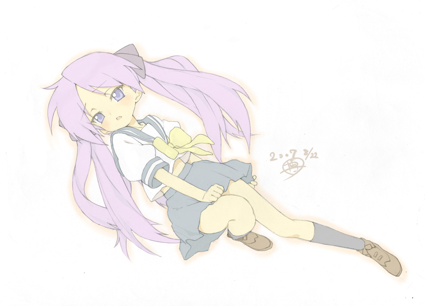 hakuto (artist), hiro (dismaless), hiiragi kagami, lucky star, 00s, 1girl, black socks, blue eyes, blush, covering crotch, covering privates, embarrassed, female focus, full body, gradient background, hair ribbon, kneehighs, lying, midriff, on back, open mouth, purple hair, ribbon, school uniform, serafuku, simple background, socks, solo, tsurime, twintails