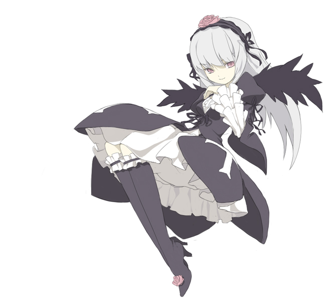 hakuto (artist), hiro (dismaless), suigintou, rozen maiden, 00s, 1girl, black wings, blouse, female focus, high heels, shirt, simple background, solo, white shirt, wings