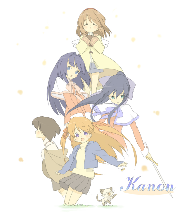 hakuto (artist), hiro (dismaless), kawasumi mai, kubo shiori, minase nayuki, misaka shiori, sawatari makoto, tsukimiya ayu, kanon, 5girls, angel wings, blue eyes, blue hair, bow, brown hair, capelet, cat, closed eyes, copyright name, expressionless, floating hair, green eyes, hair intakes, hair ribbon, long hair, looking down, multiple girls, orange hair, pleated skirt, profile, purple eyes, ribbon, school uniform, short hair, skirt, smile, sword, two side up, v arms, very long hair, weapon, wings