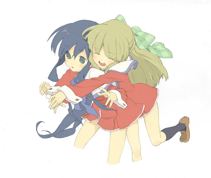 hakuto (artist), hiro (dismaless), kawasumi mai, kurata sayuri, kanon, 2girls, :d, ^ ^, black eyes, black hair, black socks, blonde hair, bow, closed eyes, cropped legs, hair bow, hug, hug from behind, kneehighs, loafers, long sleeves, multiple girls, open mouth, red skirt, school uniform, serafuku, shoes, sidelocks, simple background, skirt, smile, socks, white background, yuri