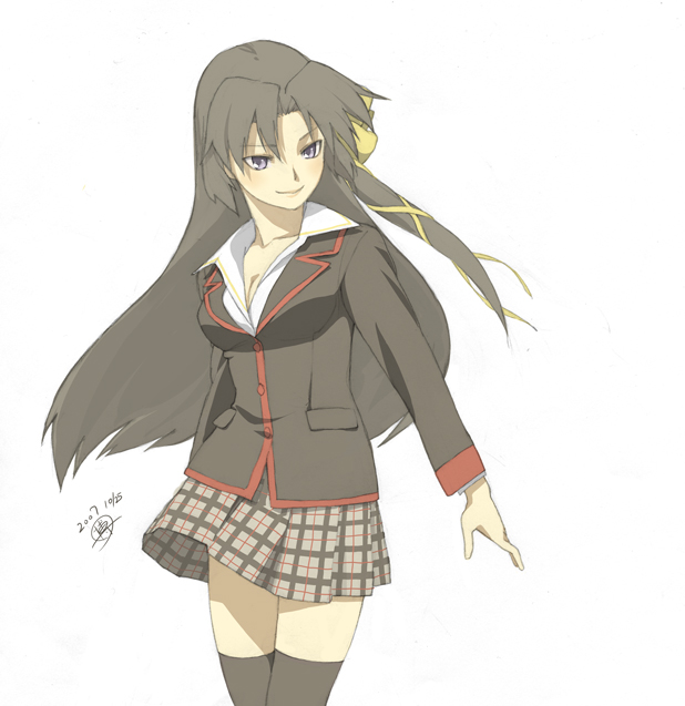 hakuto (artist), hiro (dismaless), kurugaya yuiko, little busters!, 1girl, black thighhighs, dated, female focus, long hair, plaid clothes, plaid skirt, school uniform, serafuku, skirt, solo, thighhighs, zettai ryouiki