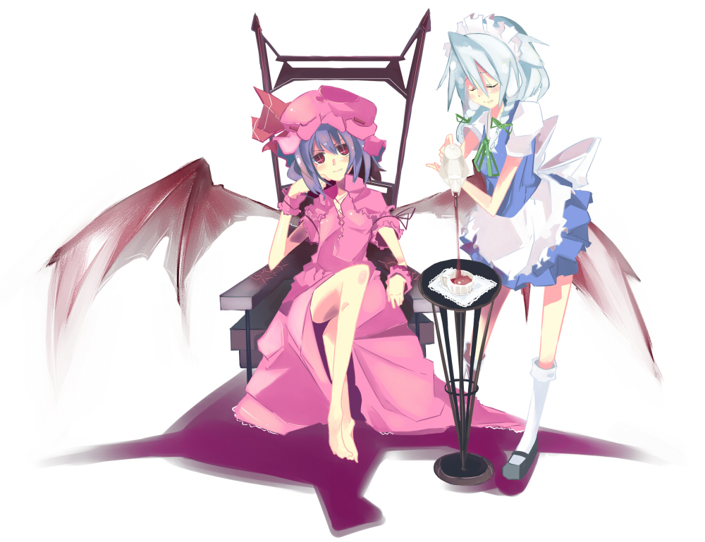 kanikama, izayoi sakuya, remilia scarlet, touhou, 2girls, barefoot, dress, female focus, hat, maid, multiple girls, pink hat, sitting, skirt, tea, white background, wings