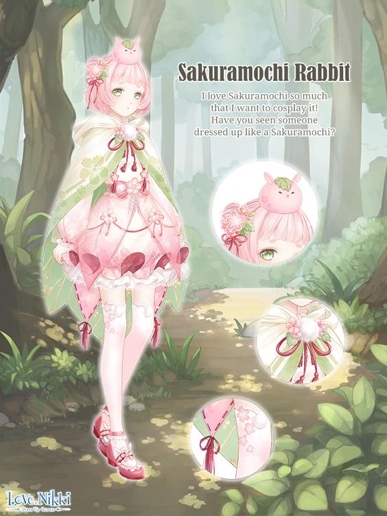 miracle nikki, nikki (series), artist request, official art, 1girl, :o, blunt bangs, bubble skirt, bush, character name, cherry blossoms, cloak, close-up, copyright name, day, dress, english text, expressionless, flower, food, food-themed creature, forest, frilled dress, frilled footwear, frills, full body, green cloak, green eyes, hair flower, hair ornament, hair ribbon, hood, hood down, hooded cloak, layered dress, light blush, logo, long sleeves, looking at viewer, mary janes, mochi, nature, neck ribbon, outdoors, parted lips, pink dress, pink flower, pink hair, pink thighhighs, pom pom (clothes), puffy long sleeves, puffy sleeves, red ribbon, red shoes, ribbon, ribbon-trimmed sleeves, ribbon trim, sakura mochi, sakuramochi rabbit (miracle nikki), shade, shoes, short hair, skirt, sleeves past wrists, solo, standing, tassel, thighhighs, wagashi