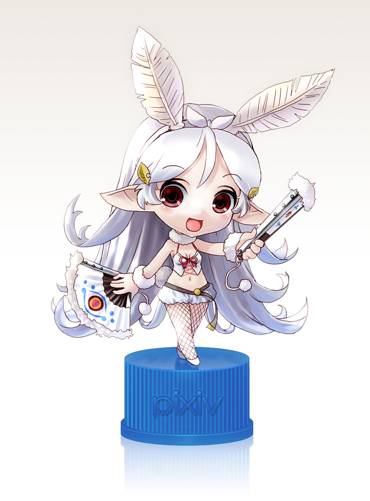 katahira masashi, original, 1girl, albino, animal ears, chibi, dual wielding, feather fan, feather hair ornament, feathers, female focus, fishnets, folded fan, folding fan, full body, gradient background, hair ornament, hand fan, holding, long hair, pixiv bottlecap, pointy ears, rabbit ears, red eyes, reflection, smile, solo, very long hair, white hair