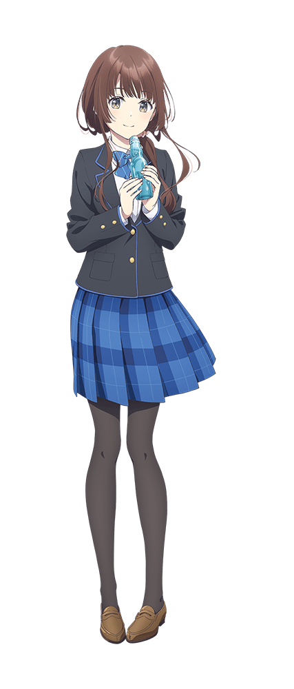 kinoshita sumie, uchida yua, chitose-kun wa ramune bin no naka, official art, 1girl, anime coloring, black pantyhose, blazer, blue bow, blue skirt, blush, bottle, bow, bowtie, breasts, brown hair, brown shoes, closed mouth, collared shirt, diagonal-striped bow, diagonal-striped bowtie, diagonal-striped clothes, full body, grey eyes, grey jacket, hand up, holding, holding bottle, jacket, loafers, long hair, long sidelocks, long sleeves, looking at viewer, low ponytail, medium breasts, pantyhose, plaid clothes, plaid skirt, pleated skirt, ponytail, ramune, school uniform, shirt, shoes, sidelocks, simple background, skirt, smile, solo, standing, striped bow, striped bowtie, striped clothes, tachi-e, tareme, transparent background, two-handed, white shirt