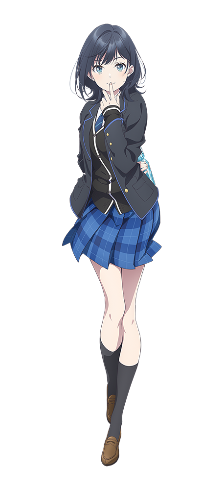 kinoshita sumie, nanase yuzuki, chitose-kun wa ramune bin no naka, official art, 1girl, anime coloring, arm behind back, black cardigan, black hair, black socks, blazer, blue necktie, blue skirt, blush, bottle, breasts, brown shoes, cardigan, collared shirt, diagonal-striped clothes, diagonal-striped necktie, full body, grey jacket, hand on own face, hand up, holding, holding bottle, jacket, large breasts, loafers, long sleeves, looking at viewer, medium hair, necktie, plaid clothes, plaid skirt, pleated skirt, ramune, school uniform, shirt, shoes, simple background, skirt, socks, solo, standing, striped clothes, striped necktie, tachi-e, transparent background, white shirt