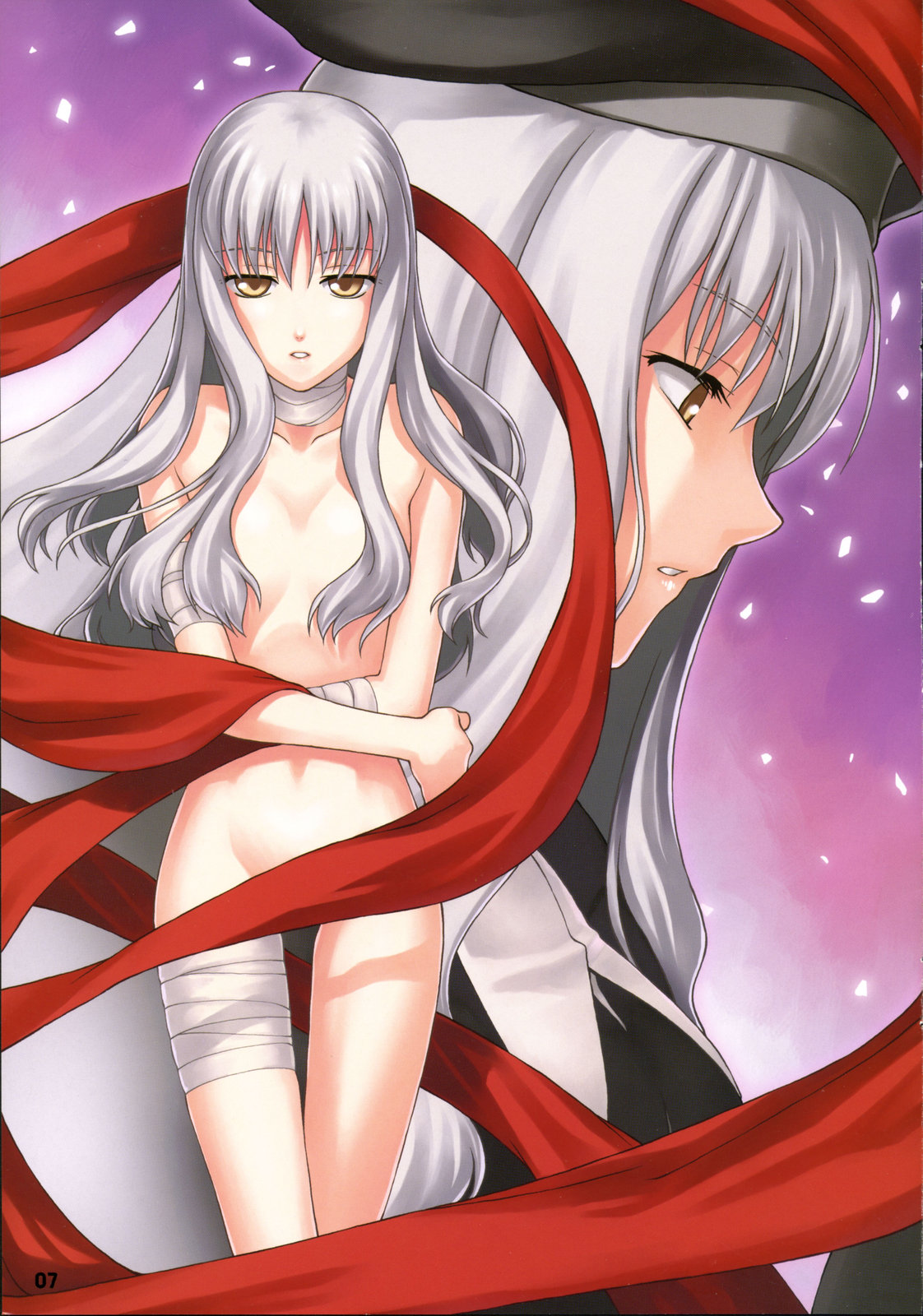 tanaka shoutarou, caren hortensia, fate/hollow ataraxia, fate/stay night, fate (series), highres, 00s, bandages, brown eyes, grey hair, nude, yellow eyes