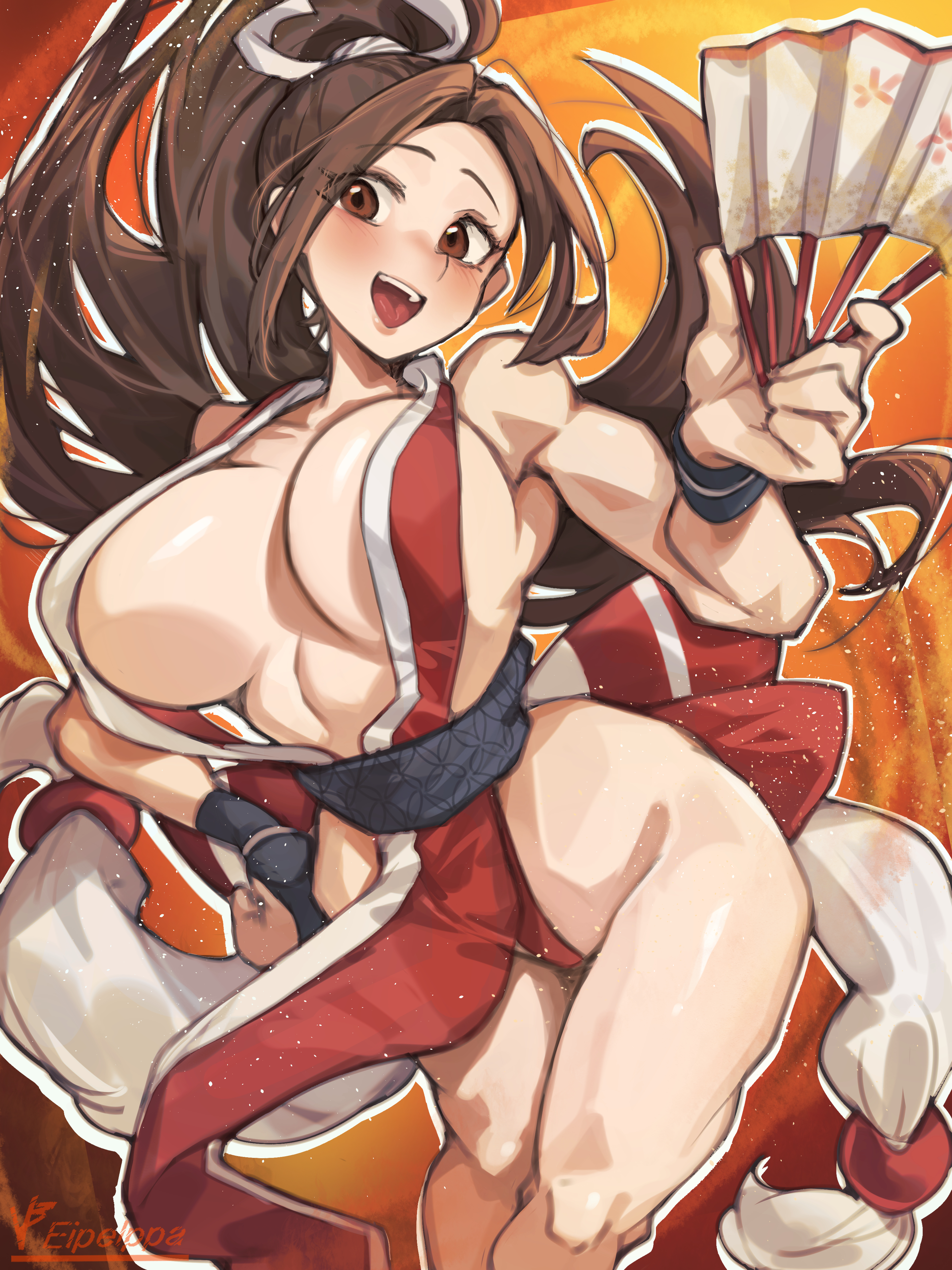 iparupua, shiranui mai, the king of fighters, absurdres, highres, 1girl, blush, breasts, brown eyes, brown hair, cleavage, hand fan, holding, holding fan, japanese clothes, kimono, large breasts, long hair, looking at viewer, ponytail, red kimono, solo, teeth, upper teeth only
