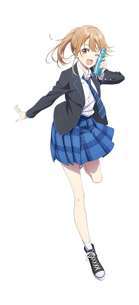 kinoshita sumie, aomi haru, chitose-kun wa ramune bin no naka, official art, 1girl, :d, anime coloring, black shoes, blazer, blue necktie, blue skirt, blush, bottle, breasts, brown eyes, brown hair, collared shirt, diagonal-striped clothes, diagonal-striped necktie, full body, grey jacket, holding, holding bottle, jacket, large breasts, leg up, long sleeves, looking at viewer, medium hair, necktie, one eye closed, open hand, open mouth, outstretched arm, plaid clothes, plaid skirt, pleated skirt, ponytail, ramune, school uniform, shirt, shoes, simple background, skirt, smile, socks, solo, standing, standing on one leg, striped clothes, striped necktie, tachi-e, transparent background, white shirt, white socks