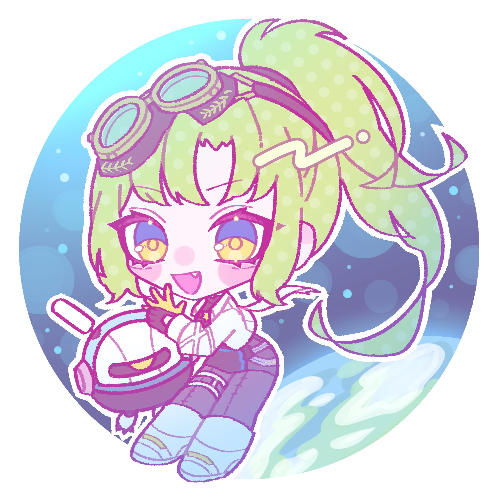 lolita 1105 15, arcaea, highres, 1girl, black gloves, black shirt, black skirt, black thighhighs, boots, breasts, chibi, curtained hair, gloves, goggles, green hair, high ponytail, jacket, knee boots, leather, leather skirt, medium breasts, medium hair, nonoka (arcaea), ponytail, see-through clothes, shirt, skirt, solo, thigh strap, thighhighs, two-tone gloves, white boots, white jacket, white sleeves, yellow eyes, yellow gloves