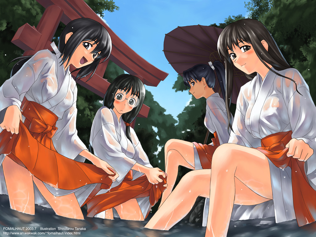 tanaka shoutarou, original, 4girls, glasses, hakama, hakama skirt, japanese clothes, miko, multiple girls, oil-paper umbrella, red hakama, skirt, soaking feet, torii, umbrella, wading, wet, wet clothes