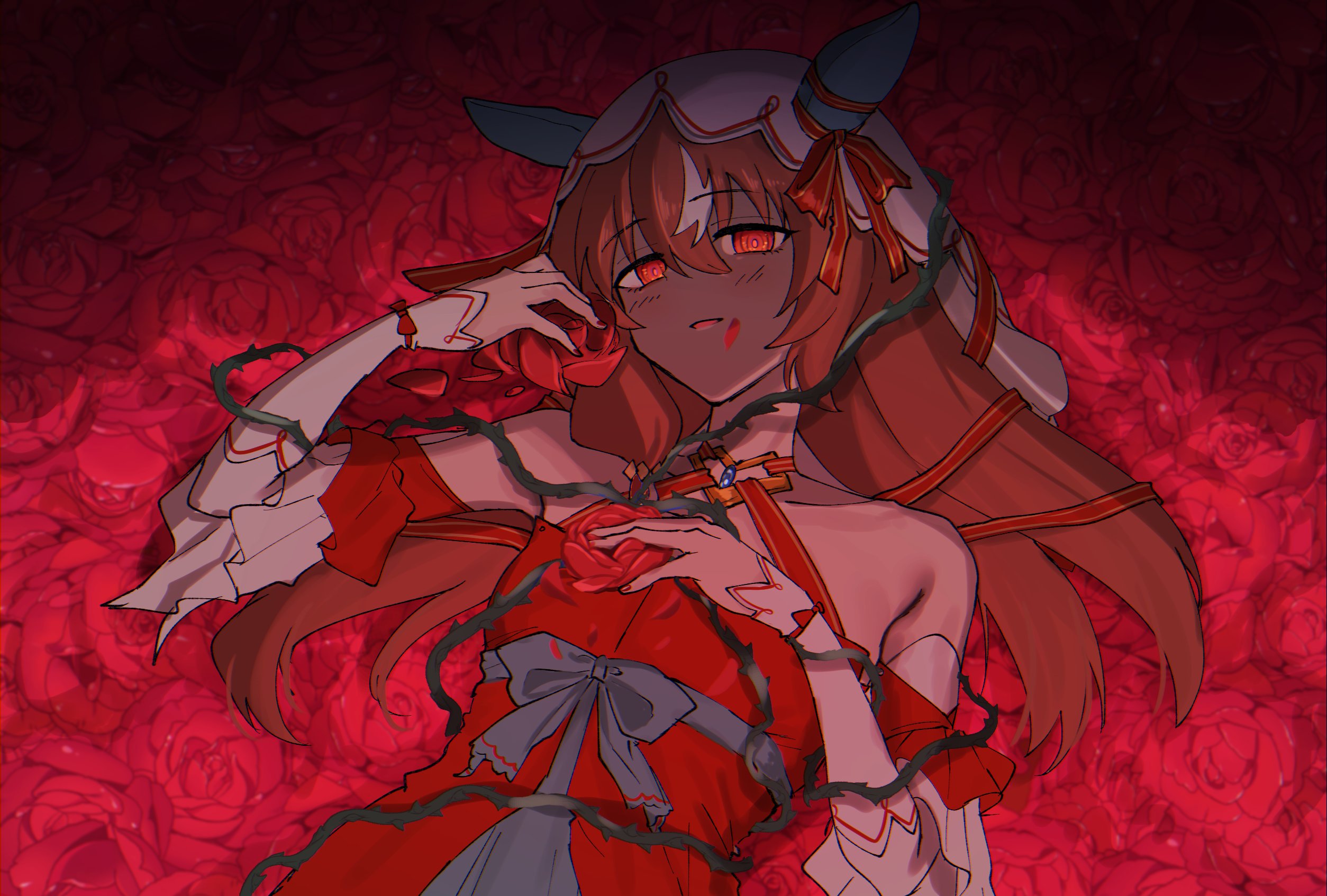 rukaruka ek, still in love (umamusume), umamusume, highres, 1girl, :d, bare shoulders, brown hair, detached sleeves, dress, floral background, flower, glowing, glowing eyes, hair between eyes, long hair, open mouth, parted lips, plant, red background, red dress, red eyes, red flower, red nails, red rose, red theme, ringed eyes, rose, smile, solo, thorns, upper body, veil, vines, white veil