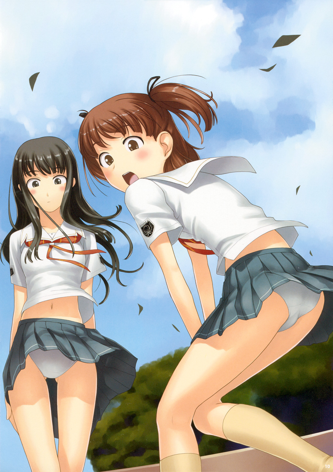 tanaka shoutarou, aihara nana, futami eriko, kimi kiss, highres, panties, pantyshot, school uniform, serafuku, underwear, wind, wind lift