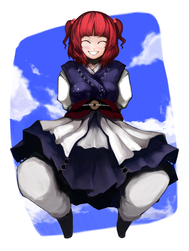 laboto, onozuka komachi, touhou, 1girl, :d, ^ ^, apron, belt, blue dress, blue sky, border, bow, braid, closed eyes, cloud, cloudy sky, day, dress, female focus, full body, grin, hair bobbles, hair ornament, jumping, long sleeves, obi, open mouth, pants, red hair, sash, short hair, sky, smile, solo, teeth, twintails, two side up, waist apron, white pants