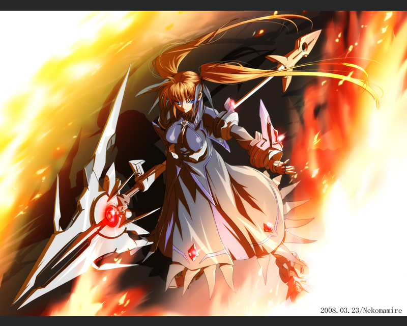 nekomamire, raising heart, takamachi nanoha, lyrical nanoha, mahou shoujo lyrical nanoha, mahou shoujo lyrical nanoha strikers, 00s, 1girl, 2008, alternate color, alternate weapon, artist name, dark persona, dated, female focus, fingerless gloves, fire, gloves, jacket, letterboxed, magazine (weapon), magical girl, open clothes, open jacket, purple eyes, red hair, solo, twintails, weapon, white devil