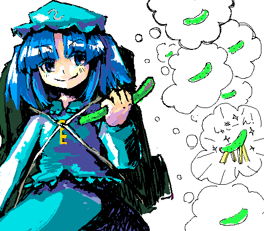 luft (luft dokka), kawashiro nitori, touhou, 1girl, cucumber, female focus, hat, oekaki, plant, shouryouuma, skirt, solo, two side up, white background