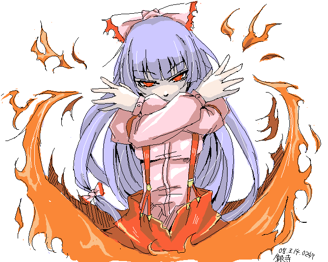 ginji (sakaki summer), fujiwara no mokou, touhou, 1girl, female focus, fire, oekaki, red eyes, simple background, solo, white background