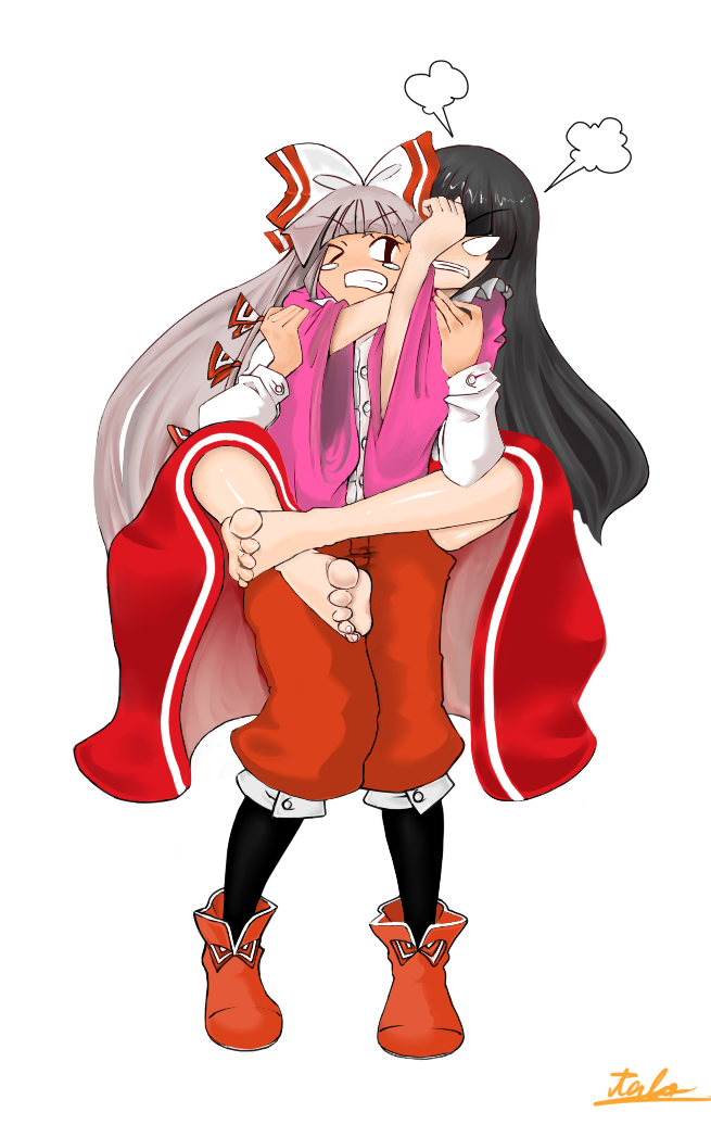 t (moguro), fujiwara no mokou, houraisan kaguya, touhou, bad id, bad pixiv id, 2girls, barefoot, black hair, female focus, long hair, multiple girls, pantyhose, rivalry, white hair