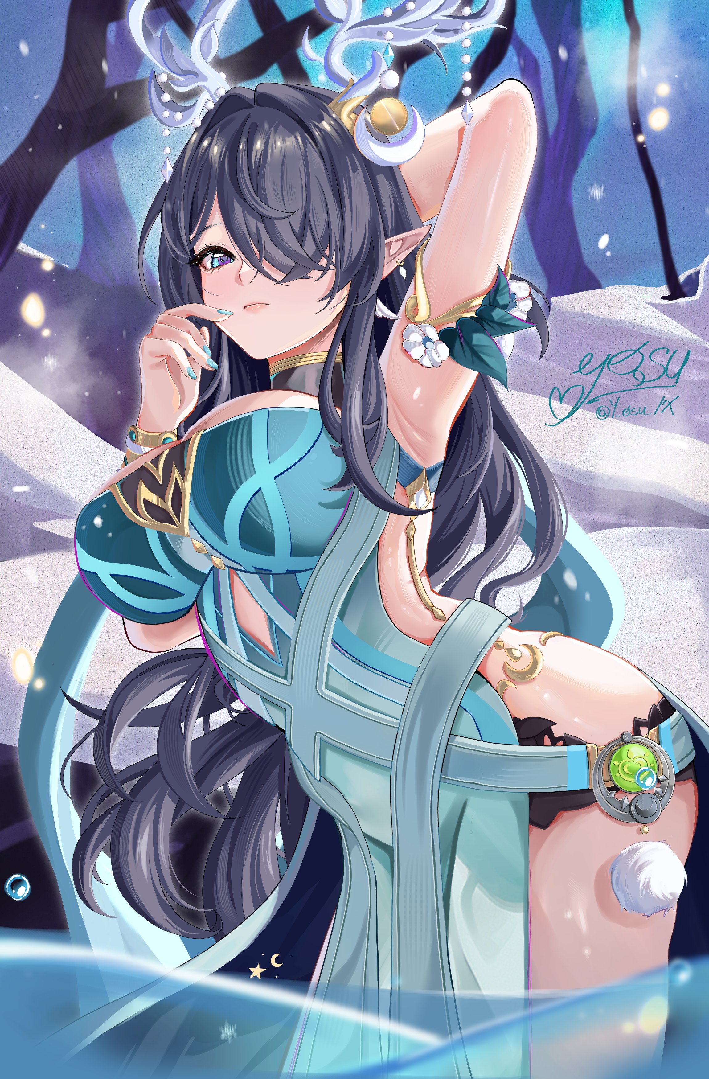 y osu, lauma (genshin impact), genshin impact, absurdres, commentary, hashtag-only commentary, highres, 1girl, antler ornament, antlers, arm behind head, armpits, black hair, blue nails, breasts, closed mouth, deer antlers, dendro symbol (genshin impact), dress, earrings, fingernails, from side, gem, green gemstone, hair over one eye, hand up, horns, jewelry, large breasts, leaning forward, long hair, looking at viewer, nail polish, pelvic curtain, pointy ears, purple eyes, signature, sleeveless, sleeveless dress, solo, twitter username, very long hair, vision (genshin impact)