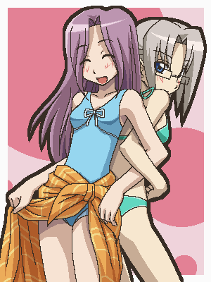 awa, harukaze chiharu, kasumi aika, hayate no gotoku!, lowres, 00s, 2girls, bikini, blue eyes, glasses, green bikini, grey hair, jaggy lines, long hair, multiple girls, oekaki, one-piece swimsuit, purple hair, swimsuit