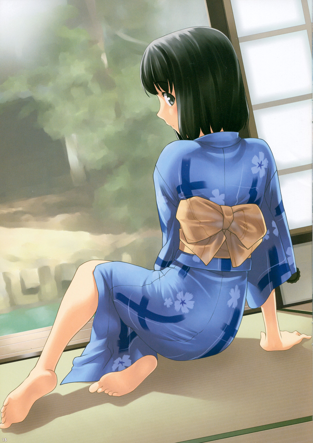 tanaka shoutarou, shijou mitsuki, kimi kiss, highres, 1girl, barefoot, black hair, blue eyes, feet, female focus, japanese clothes, kimono, sitting, soles, solo